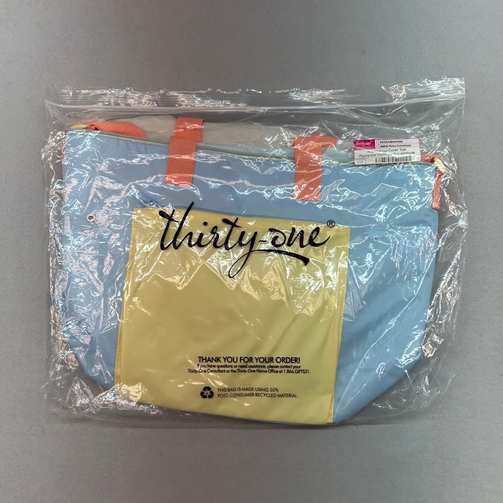 NWT Thirty-One Round About Cooler Tote Retro Colorblock Blue Yellow